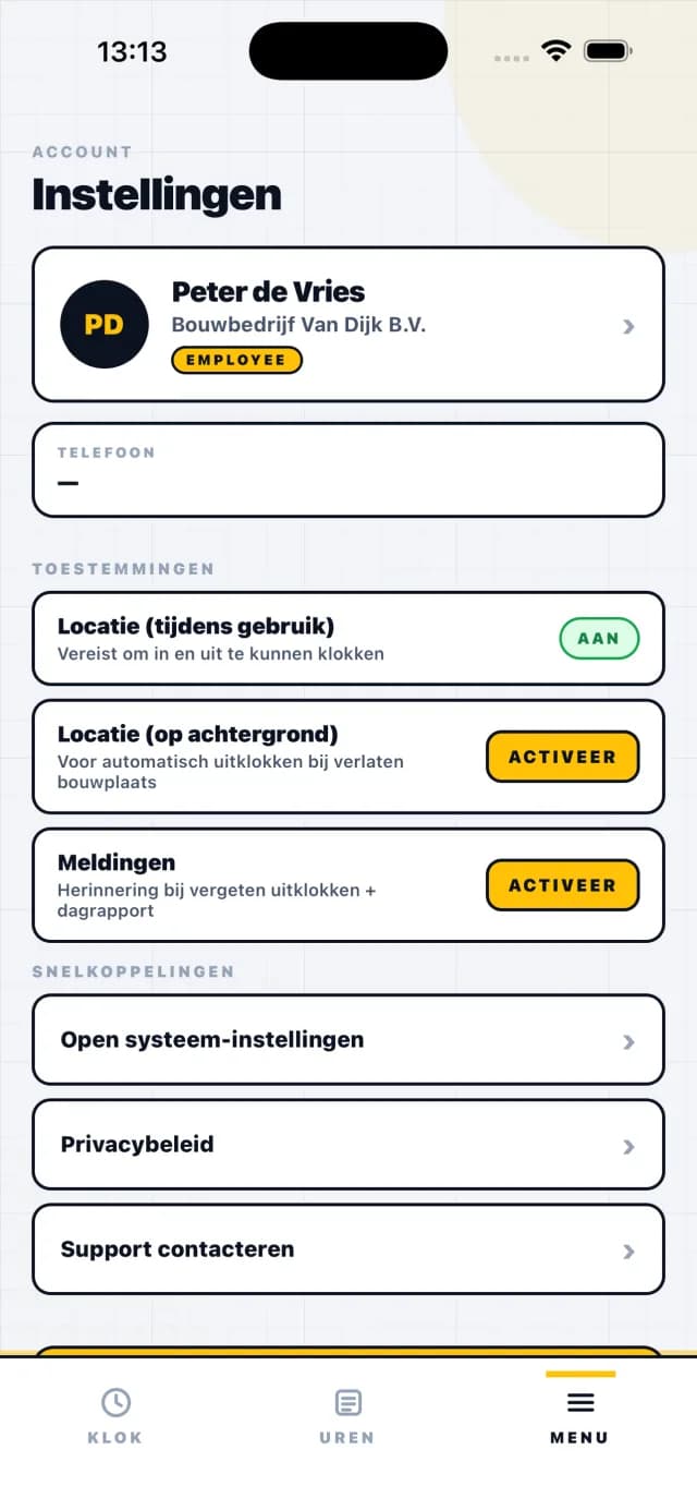 Permissions: background location only for automatic clock-out.
